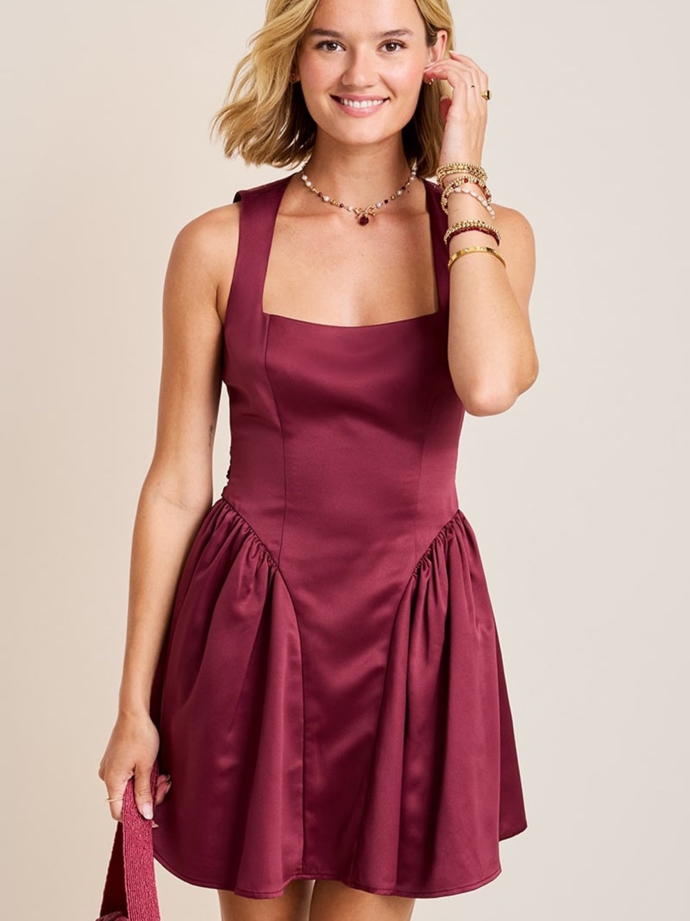 Francesca’s Sleeveless Square-Neck Mini Dress in Deep Wine